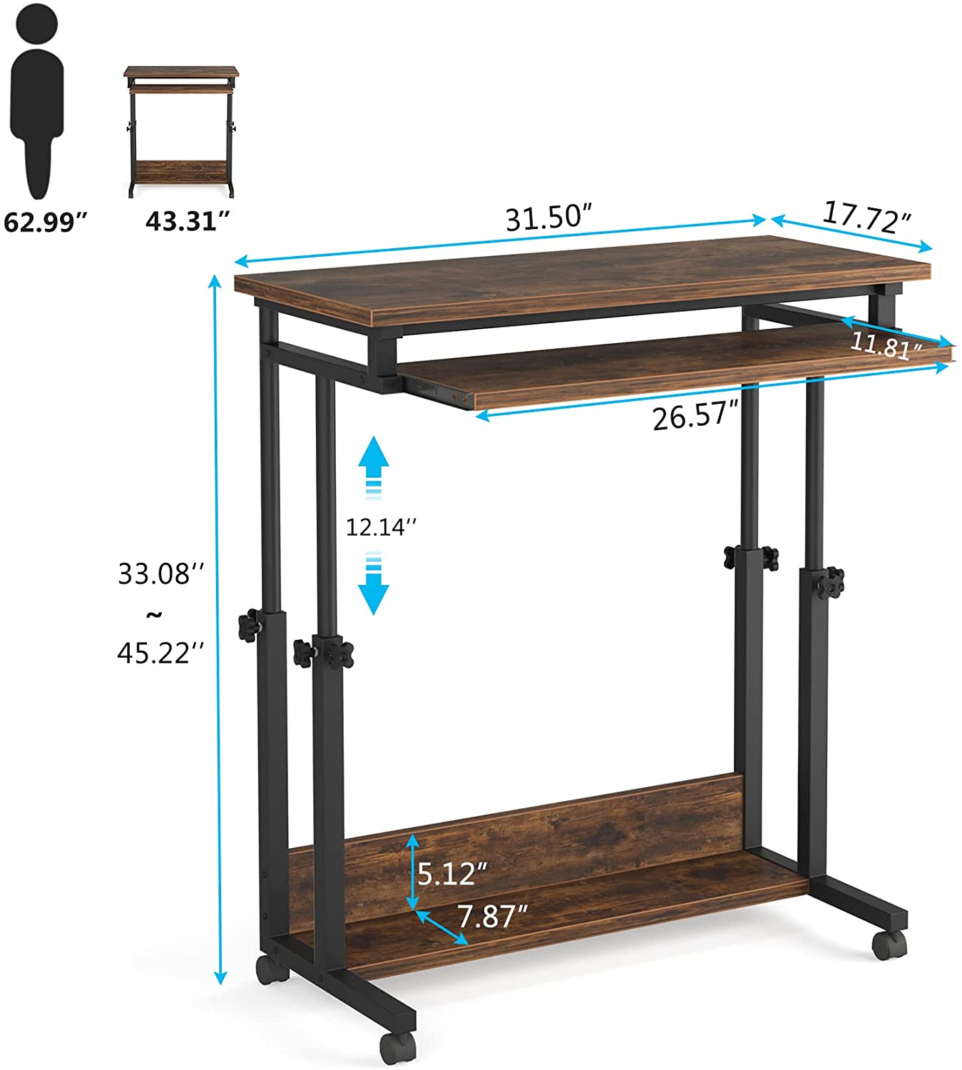 Tribesigns Height Adjustable Desk, Rolling Standing Desk Portable Desk Tribesigns